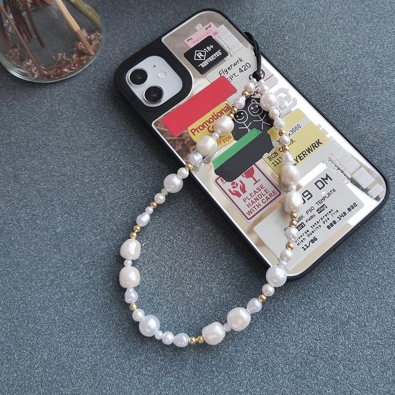 WCCH Beaded Phone Charm Y2K Kawaii Handmade Acrylic Phone Lanyard Wrist Strap for Camera Bag Airpods Keychain Charm Gold and White Pearls - Image 2